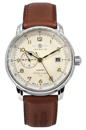 50 60 55 12 II I IO ZEPPELIN L 5 2 10 18 pm 8 am 6 21 . 45 9 12 8 automatic 4 Mediterranean 20 40 1921 7 5 6 MADE IN GERMANY 25 35 30 15 ZEPPELIN
