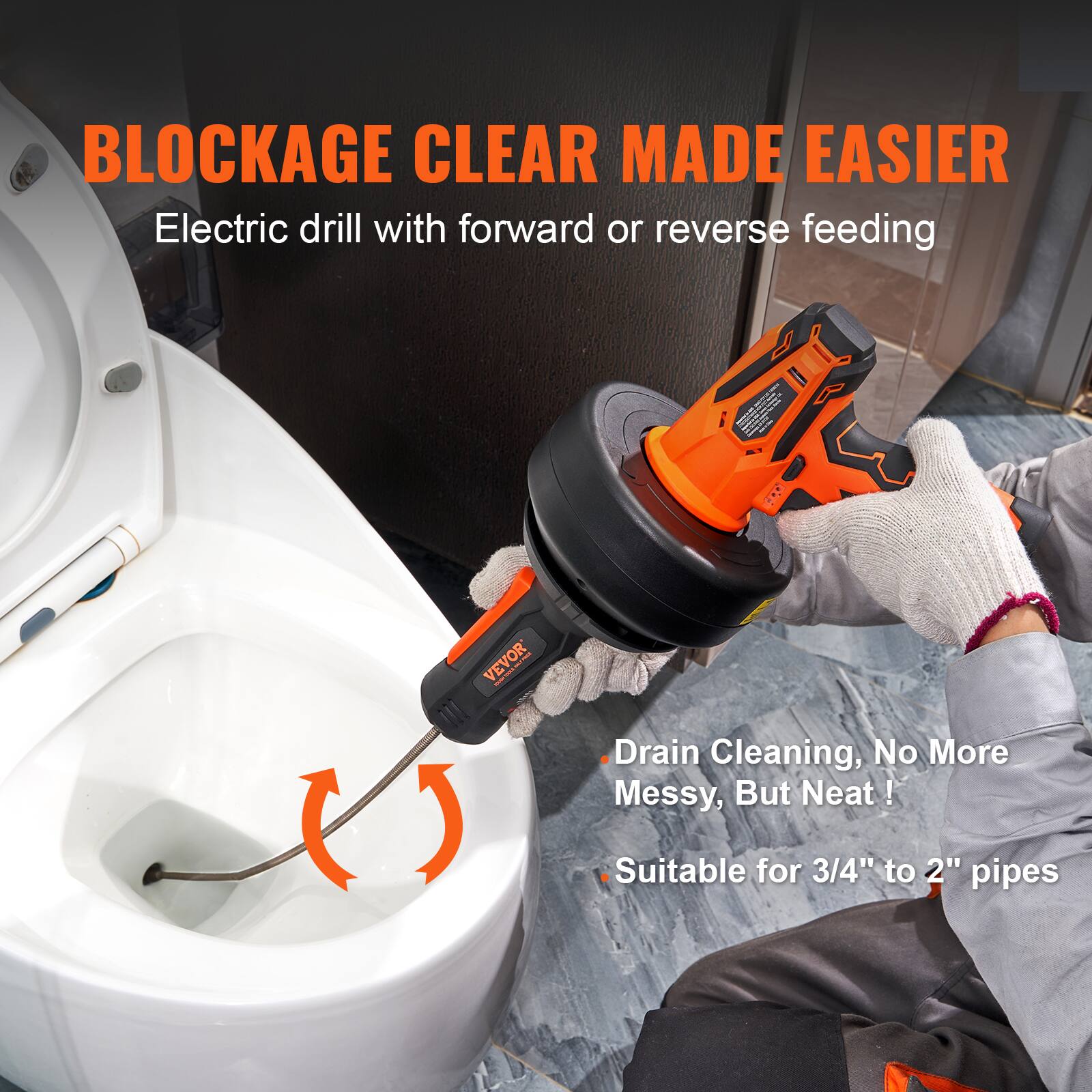 BLOCKAGE CLEAR MADE EASIER
Electric drill with forward or reverse feeding

VEVOR

Drain Cleaning, No More Messy, But Neat!

Suitable for 3/4" to 2" pipes