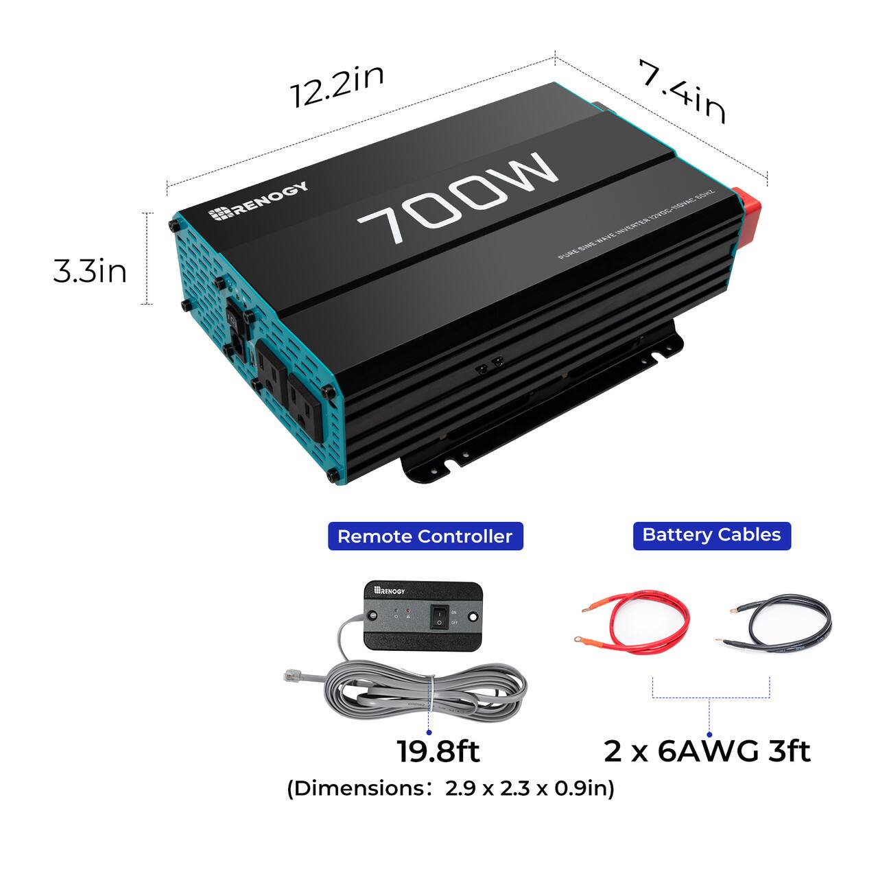 The text on the image is grouped and corrected as follows:

1. 3.3in 12.2in 7 7.4in: The dimensions of the Renogy 700W box.
2. Renogy 700W: The brand and model of the box.
3. S5T: The type of the box.
4. Remote Controller: The function of the box.
5. Battery Cables: The accessories included with the box.
6. 19.8ft: The length of the battery cables.
7. 2 X 6AWG 3ft: The gauge and length of the cables.
8. Dimensions: 2.9 x 2.3 x 0.9in: The dimensions of the box.