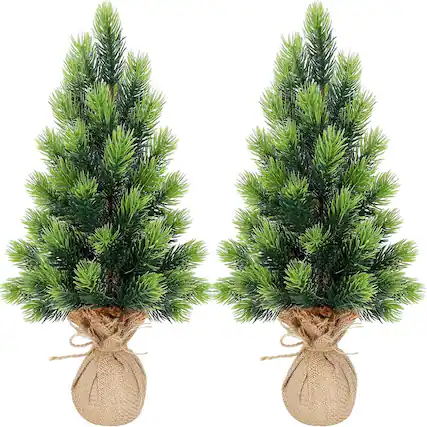 Front. RTMB - 2-Pack 16.5" Mini Artificial Christmas Trees with Burlap Base, Green Pine - Green.