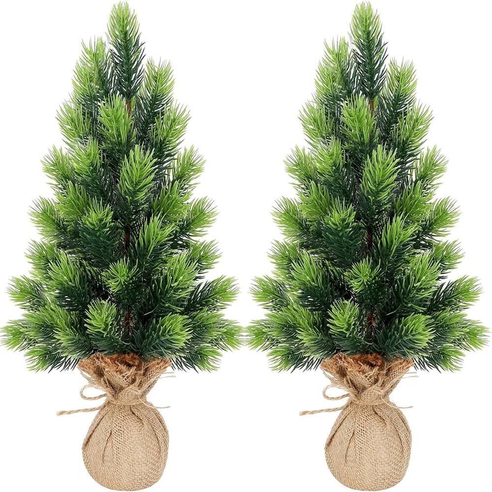 Front. RTMB - 2-Pack 16.5" Mini Artificial Christmas Trees with Burlap Base, Green Pine - Green.