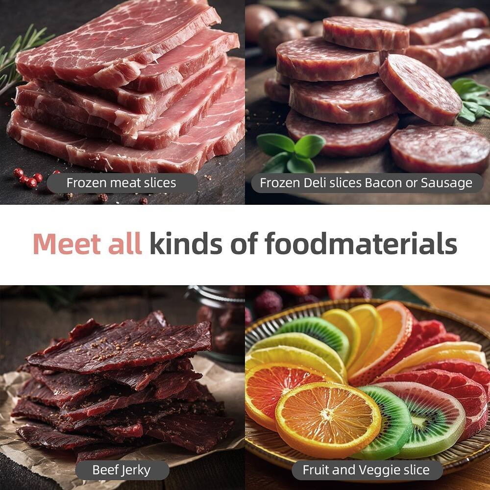 Frozen meat slices  
Frozen Deli slices Bacon or Sausage  

Meet all kinds of food materials  

Beef Jerky  
Fruit and Veggie slice