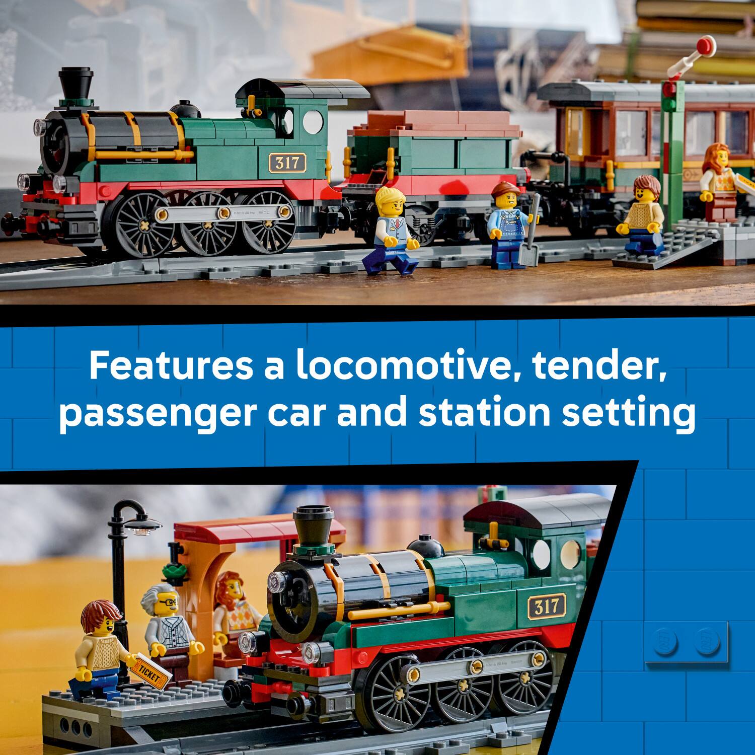 Features a locomotive, tender, passenger car and station setting