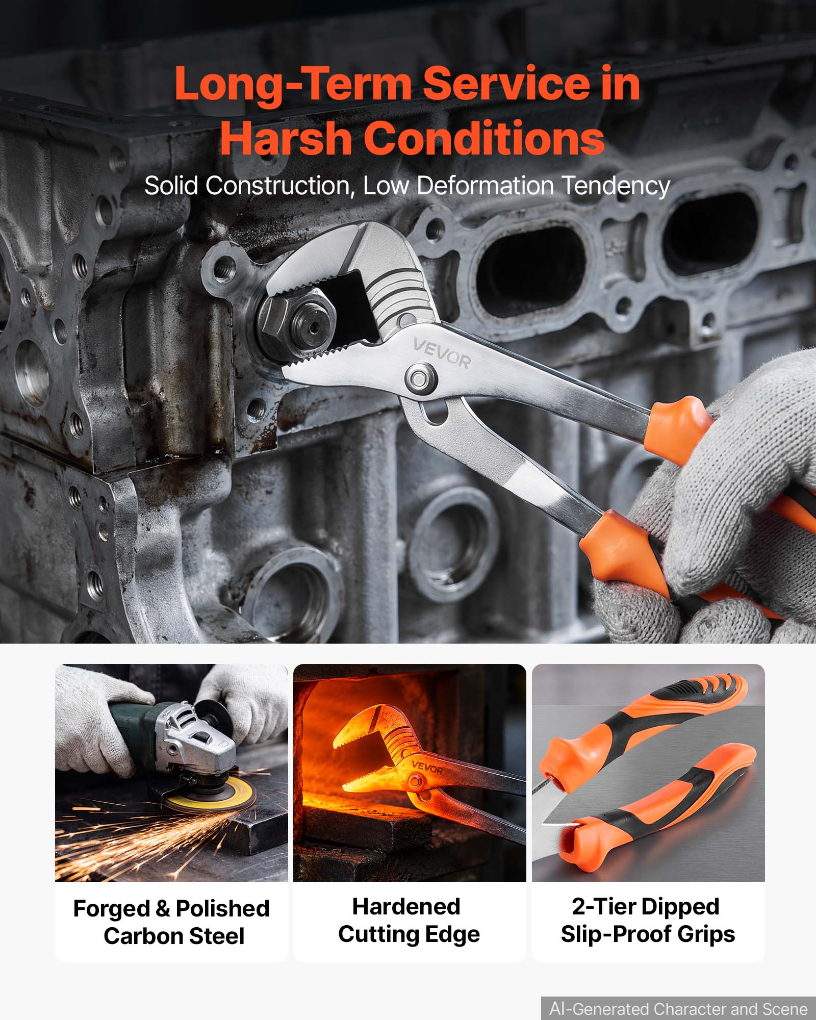 Long-Term Service in Harsh Conditions  
Solid Construction, Low Deformation Tendency

VEVOR

Forged & Polished Carbon Steel  
Hardened Cutting Edge  
2-Tier Dipped Slip-Proof Grips

AI-Generated Character and Scene