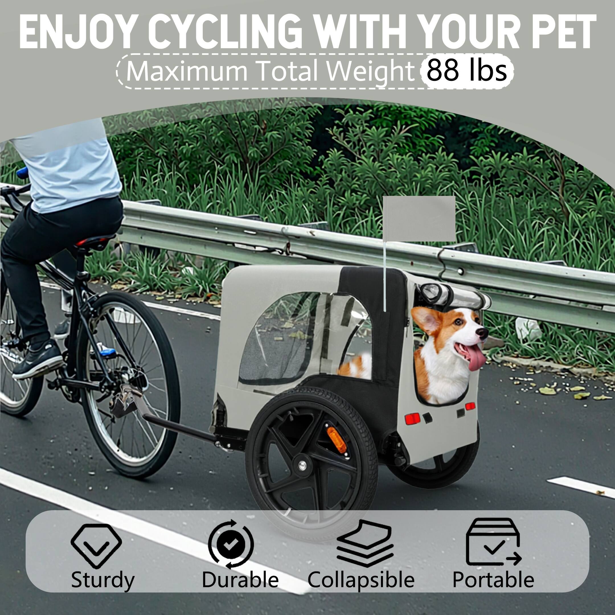 ENJOY CYCLING WITH YOUR PET  
Maximum Total Weight 88 lbs  

Sturdy  
Durable  
Collapsible  
Portable