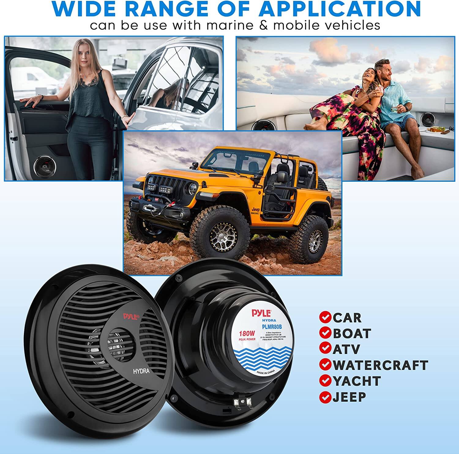 PYLE HYDRA PYLE HYDRA PLMR808 180W PEA POWER - - - CAR BOAT ATV WATERCRAFT YACHT JEEP

WIDE RANGE OF APPLICATION can be use with marine & mobile vehicles