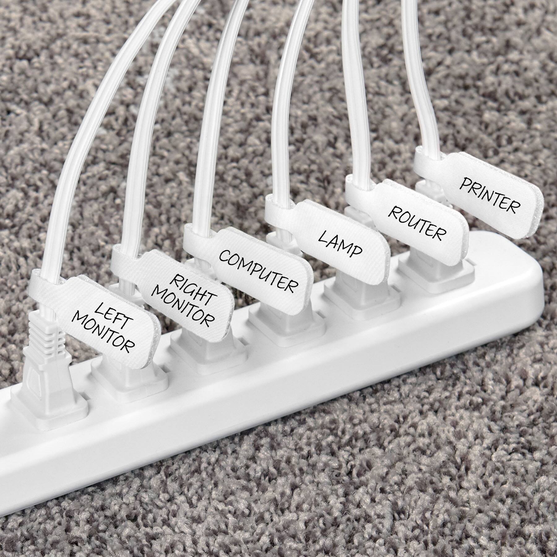 Sure, here is the corrected and grouped text from the image:

- LEFT MONITOR
- RIGHT MONITOR
- COMPUTER
- LAMP
- ROUTER
- PRINTER