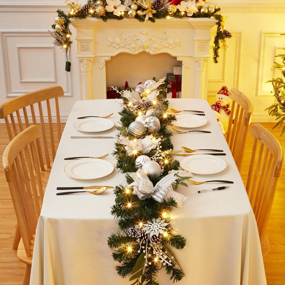 Back. RTMB - 6ft Pre-Lit Christmas Garland with Silver White Balls and Pine Cones - Color: Silver.