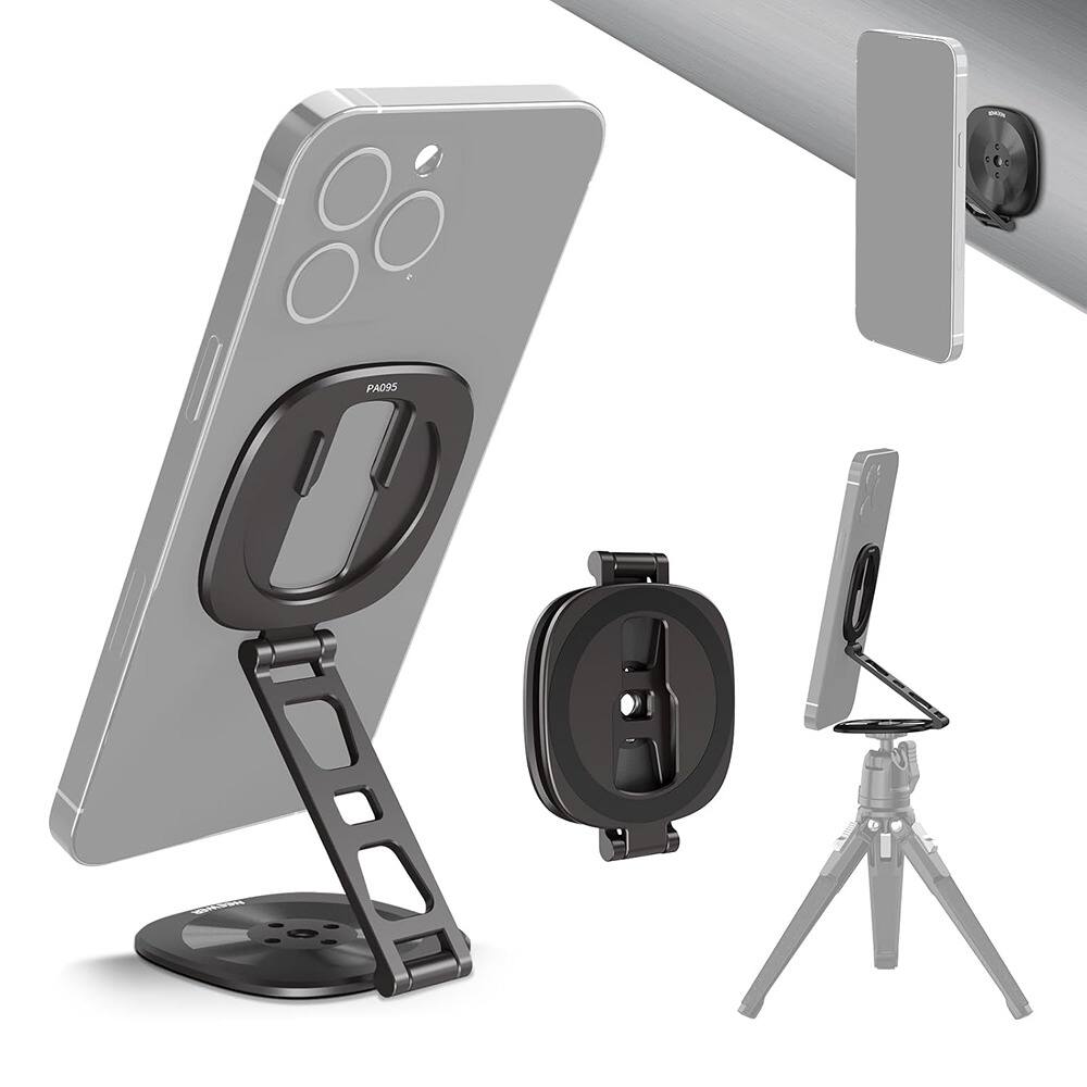 Front. PARKER SLATER - Dual Magnetic Phone Ring Holder – Slim Folding Tripod-Compatible Stand - Black.