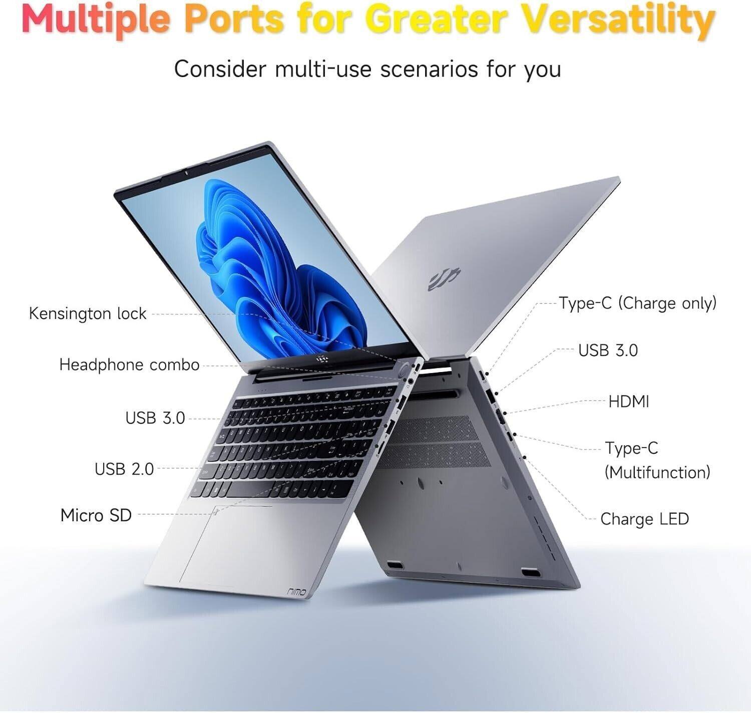 Multiple Ports for Greater Versatility  
Consider multi-use scenarios for you  

- Kensington lock  
- Headphone combo  
- USB 3.0  
- USB 2.0  
- Micro SD  
- Type-C (Charge only)  
- USB 3.0  
- HDMI  
- Type-C (Multifunction)  
- Charge LED