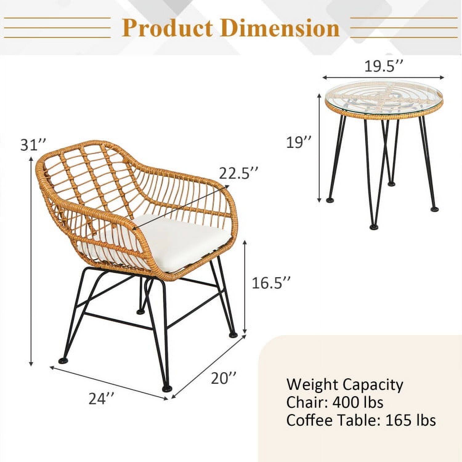 Product Dimension

- Chair: 19.5" x 31" x 22.5" x 16.5" x 24" x 20"
- Coffee Table: 19" x 19.5" x 16.5"

Weight Capacity

- Chair: 400 lbs
- Coffee Table: 165 lbs