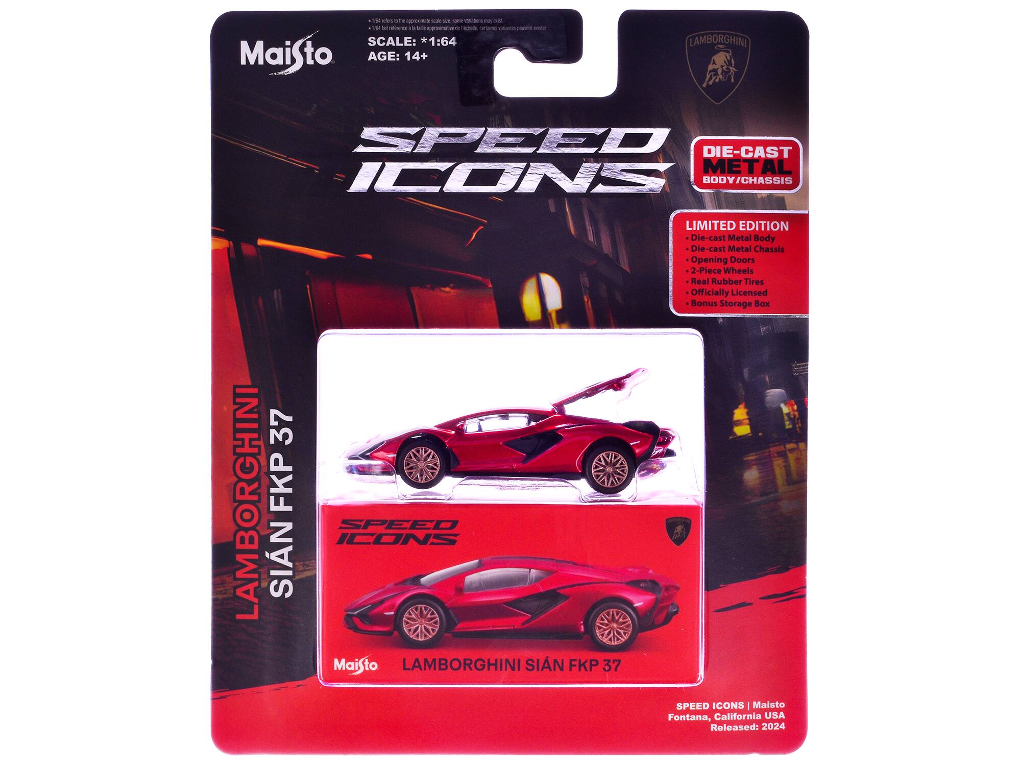 - SCALE: 1:64
- AGE: 14+
- LAMBORGHINI
- SPEED ICONS
- DIE-CAST METAL BODY/CHASSIS
- LIMITED EDITION
- Die-cast Metal Body
- Die-cast Metal Chassis
- Opening Doors
- 2-Piece Wheels
- Real Rubber Tires
- Officially Licensed
- Bonus Storage Box
- LAMBORGHINI SIÁN FKP 37
- SPEED ICONS | Maisto
- Fontana, California USA
- Released: 2024