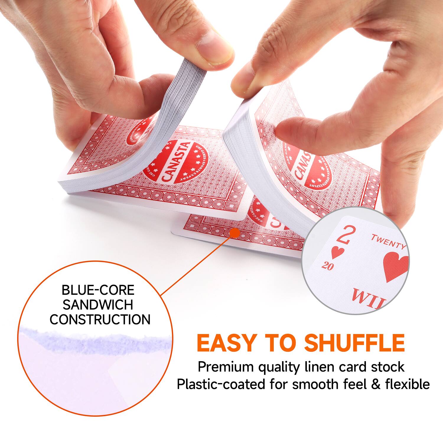 CHGA CANASTA CANAS ANIAIIN - DREGAN 5 - 2 TWENTY 20 BLUE-CORE SANDWICH CONSTRUCTION EASY TO SHUFFLE Premium quality linen card stock Plastic-coated for smooth feel & flexible