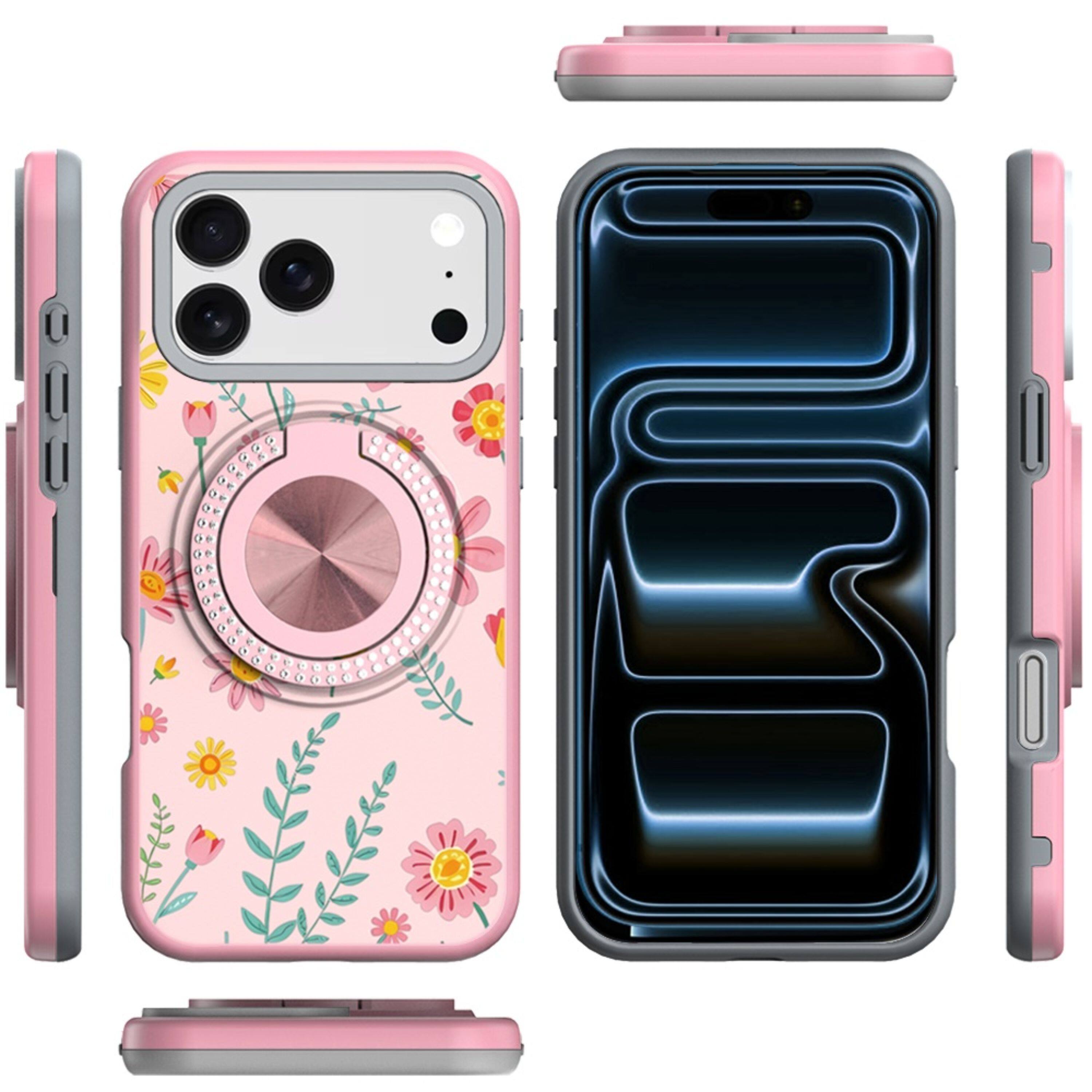 Left. Kitcheniva - Luxury Printed Case With Tempered Glass For iPhone 17 Pro Max Pink With Daisies And Floral - Midnight Green.