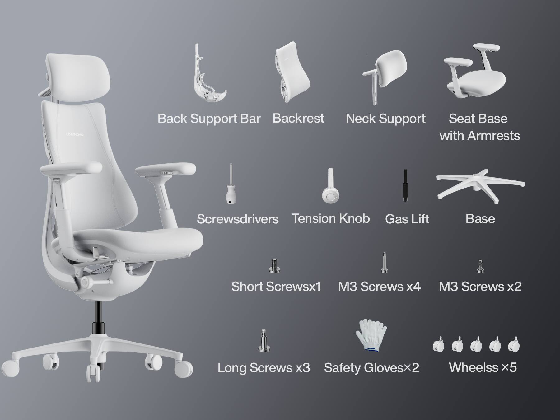 LiberNovo  
Back Support Bar Backrest Neck Support Seat Base with Armrests  
Screwsdrivers Tension Knob Gas Lift Base  
Short Screws x1 M3 Screws x4 M3 Screws x2  
Long Screws x3 Safety Gloves x2 Wheels x5