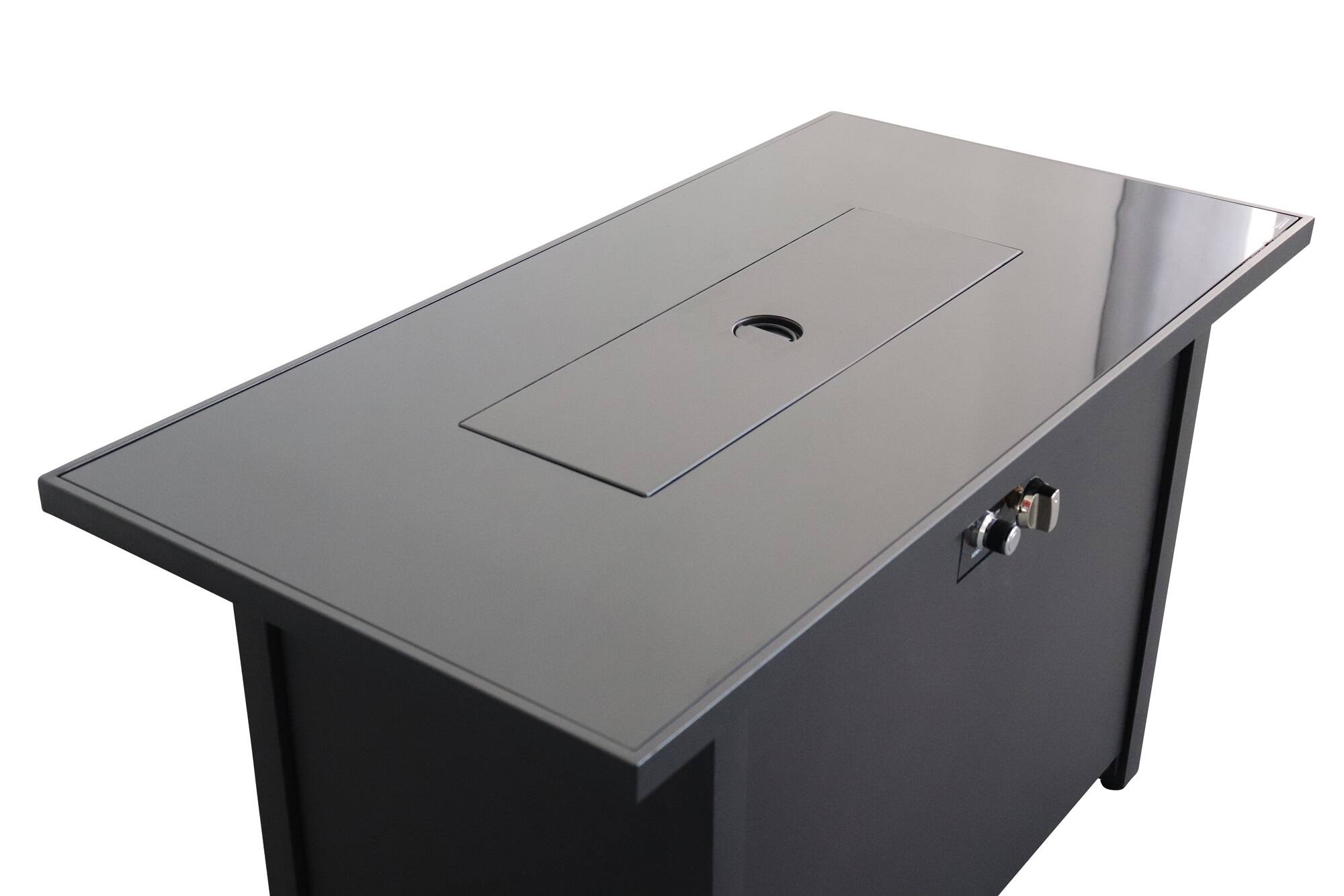 Back. Siljoy - 25"H x 42"W Steel Outdoor Fire Pit Table with Protective Lid.