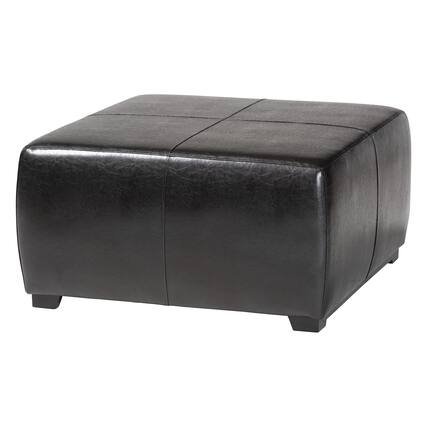 Front. Baxton Studio - Full Leather Square Ottoman Footstool - Black.