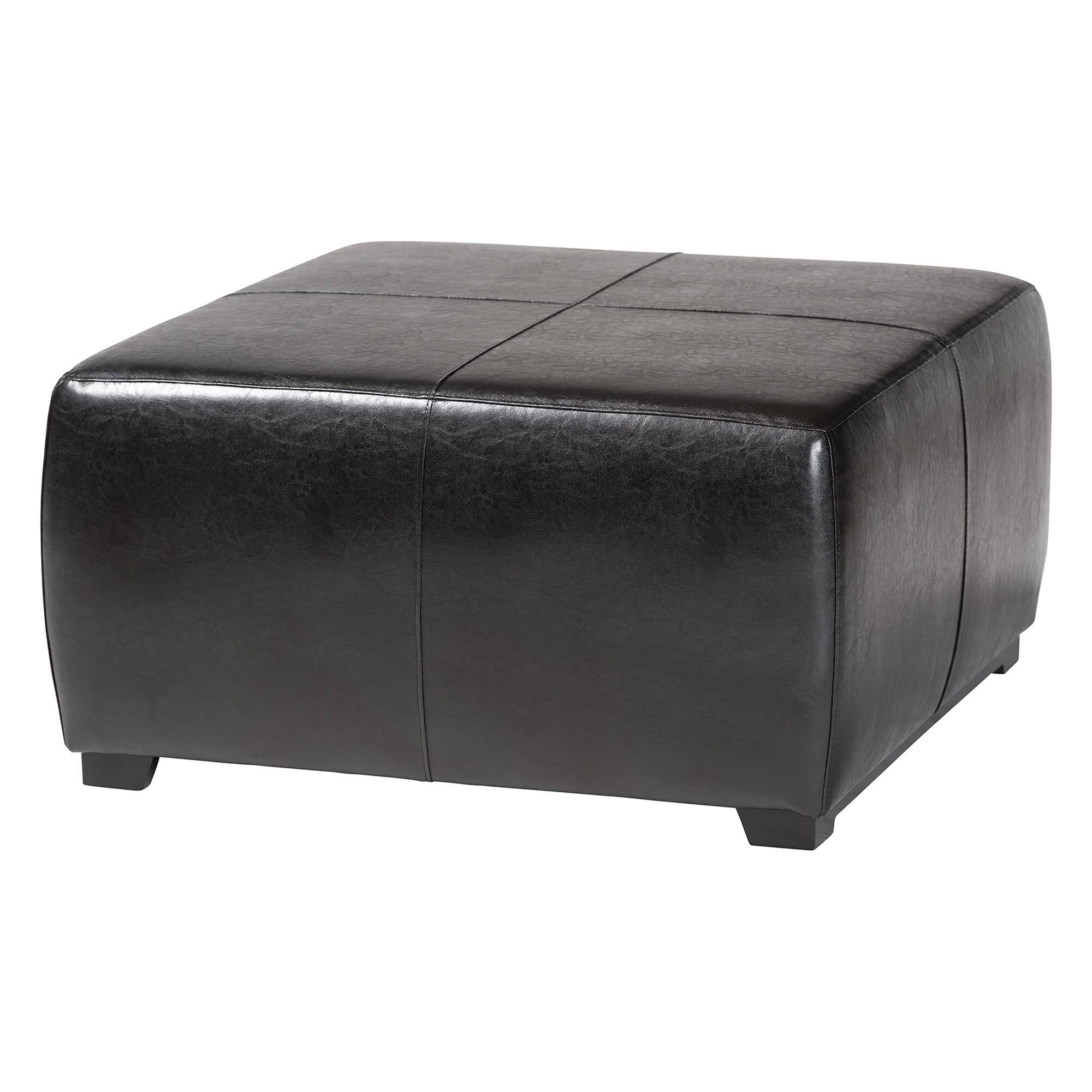 Front. Baxton Studio - Full Leather Square Ottoman Footstool - Black.