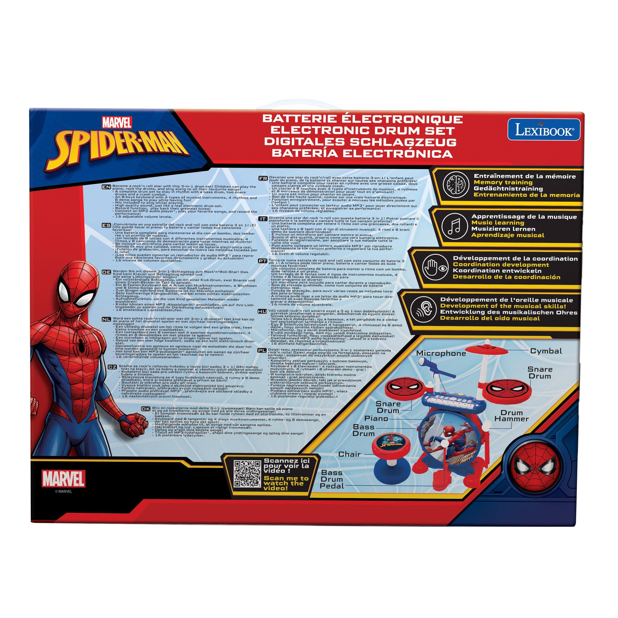 MARVEL SPIDER-MAN

BATTERIE ÉLECTRONIQUE
ELECTRONIC DRUM SET
DIGITALES SCHLAGZEUG
BATERIA ELECTRÓNICA

LexiBook

Entrainement de la mémoire
Entrenamiento de la memoria
Memory training

Apprentissage de la musique
Musizieren lernen
Aprendizaje musical
Music learning

Développement de la coordination
Coordination development
Koordination entwickeln
Desarrollo de la coordinación

Développement de l'oreille musicale
Development of the musical skills!
Entwicklung des musikalischen Ohres
Desarrollo del oído musical

Microphone
Cymbal
Snare Drum
Piano
Drum Hammer
Chair
Bass Drum
Bass Drum Pedal

Scannez ici pour voir la vidéo!
Scan me to see the video!