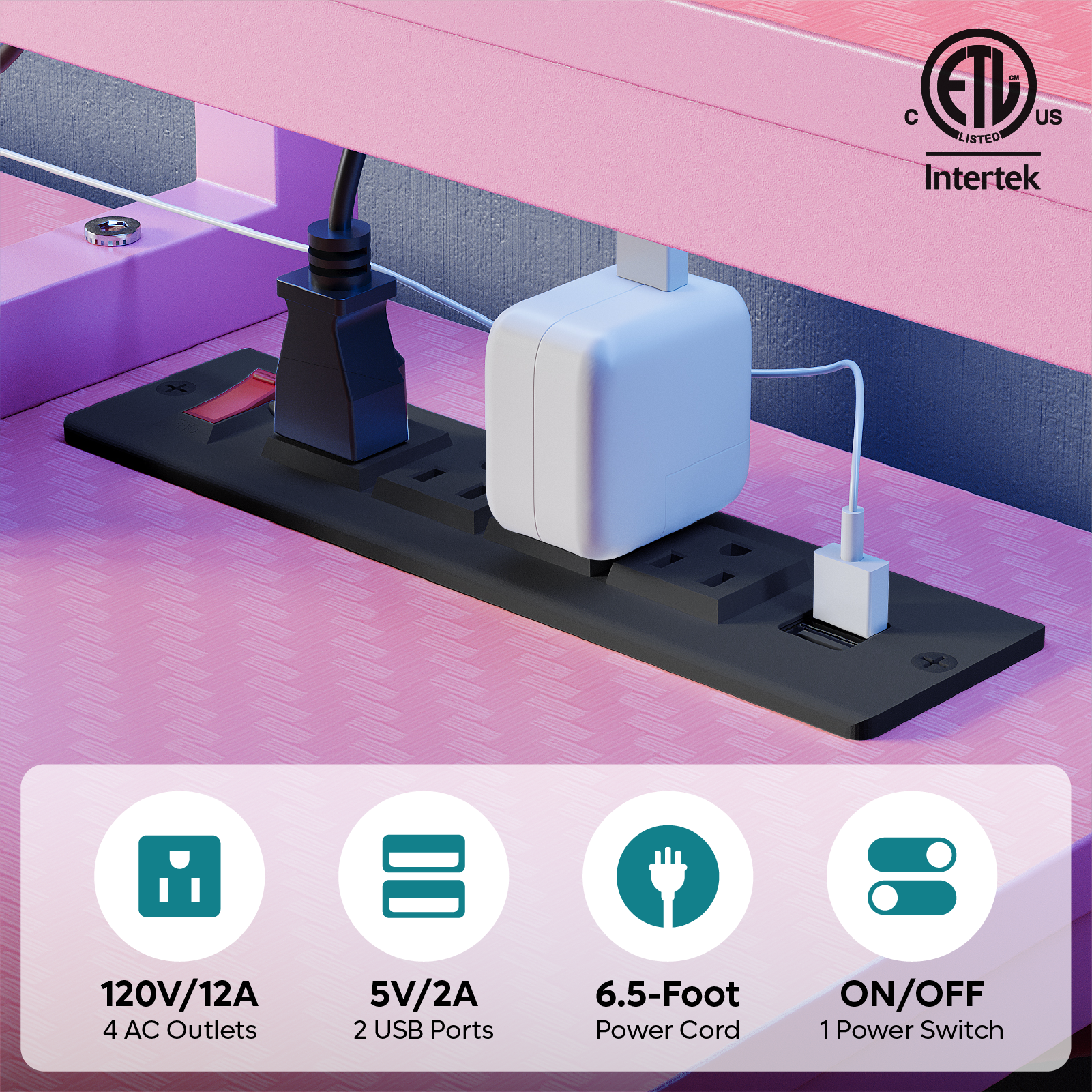 The text on the image is already grouped and correctly written. It reads: "Intertek 120V/12A 4 AC Outlets 5V/2A 2 USB Ports 6.5-Foot Power Cord ON/OFF 1 Power Switch."