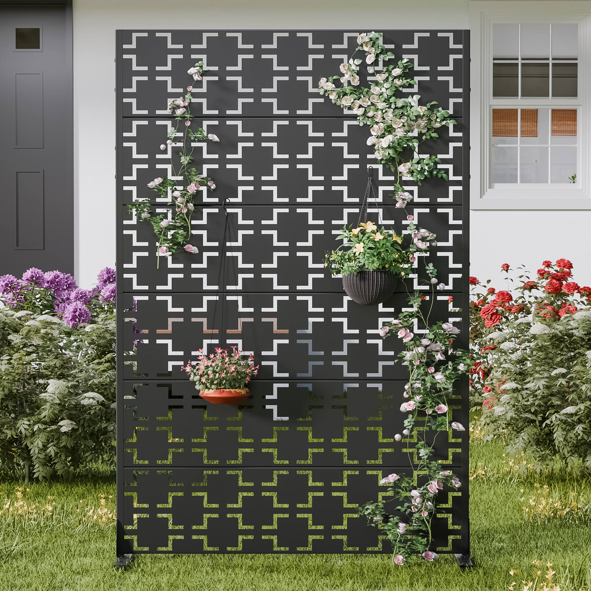 Alt View 1. PexFix - 72 in. x 47 in. Square Pattern Metal Outdoor Privacy Screen & Panels, Freestanding Garden Divider Fence - Black.