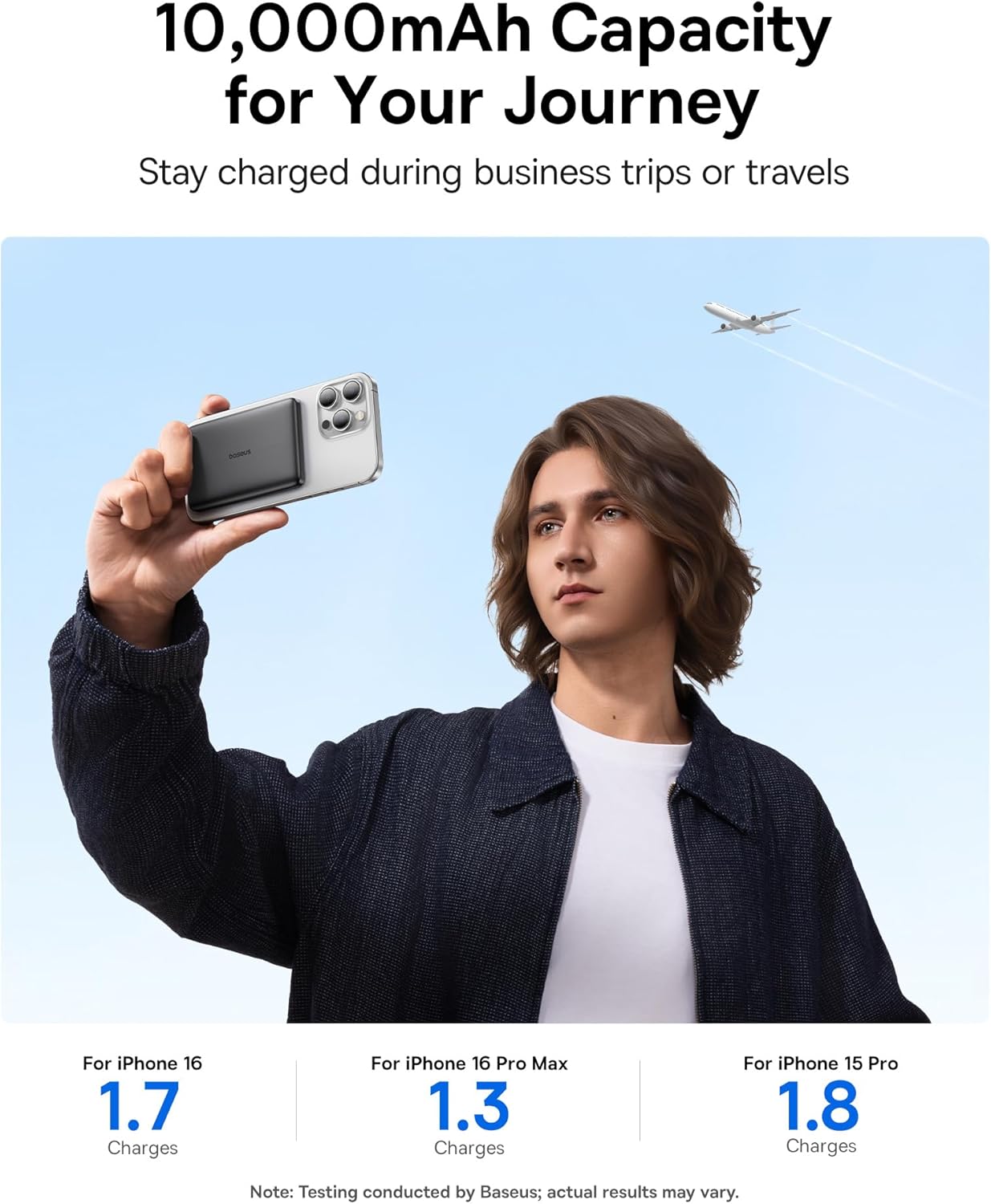 10,000mAh Capacity for Your Journey  
Stay charged during business trips or travels  

For iPhone 16  
1.7 Charges  

For iPhone 16 Pro Max  
1.3 Charges  

For iPhone 15 Pro  
1.8 Charges  

Note: Testing conducted by Baseus; actual results may vary.
