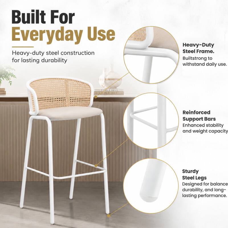 LeisureMod Ervilla Mid Century Modern Wicker Bar Stool, Fabric Seat ...