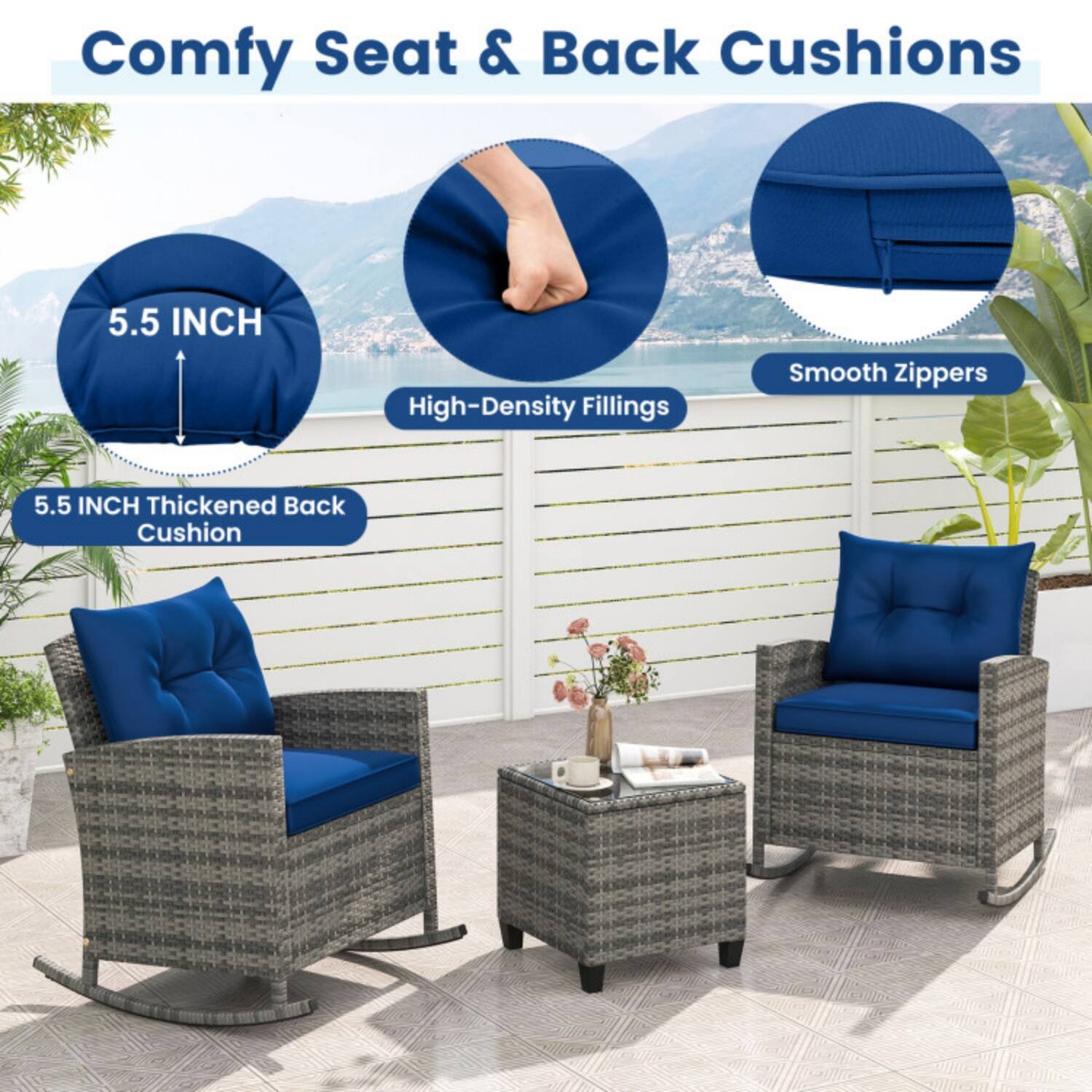 Comfy Seat & Back Cushions

5.5 INCH High-Density Fillings

5.5 INCH Thickened Back Cushion

Smooth Zippers