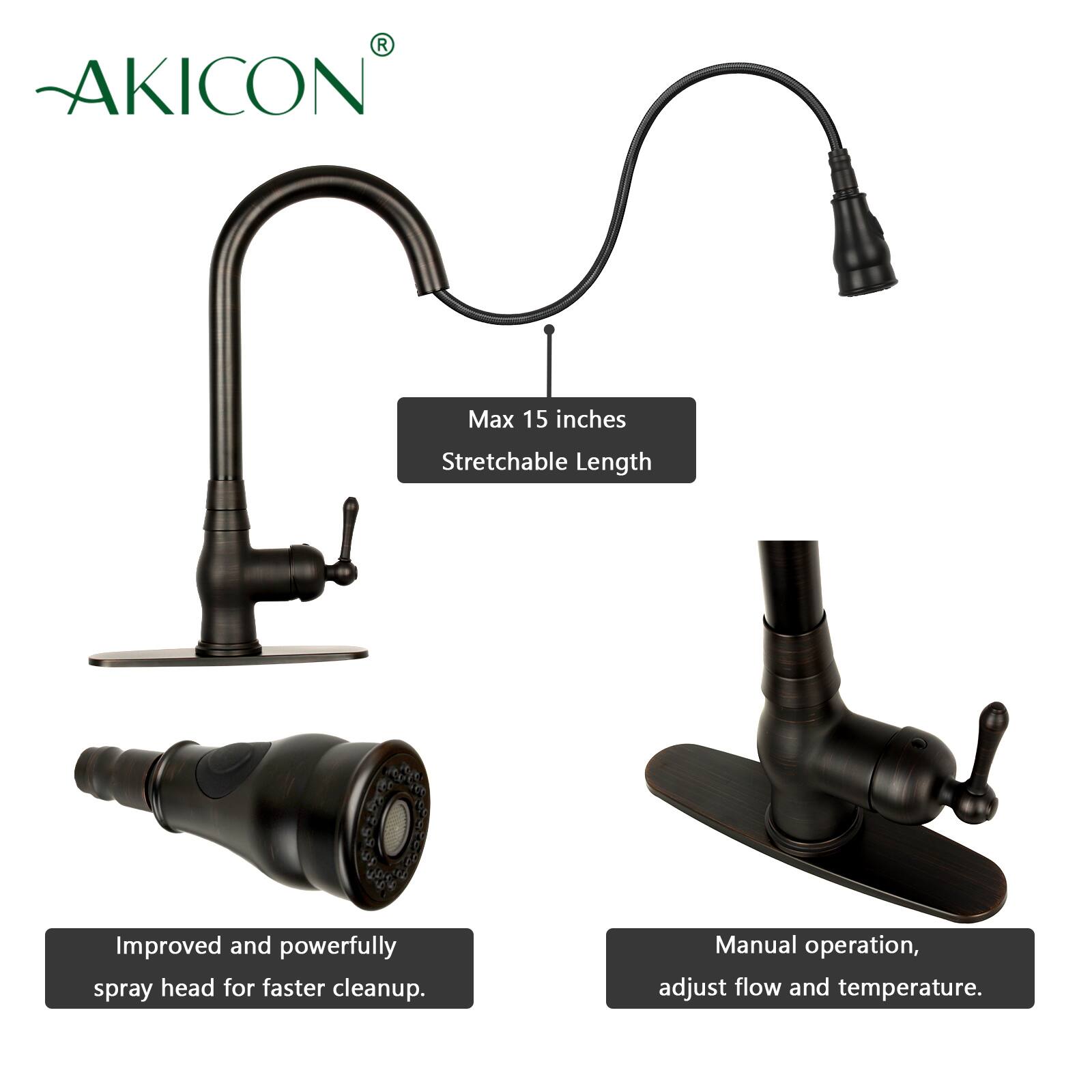 AKICON®

- Max 15 inches Stretchable Length
- Improved and powerfully spray head for faster cleanup
- Manual operation, adjust flow and temperature