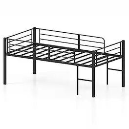 Costway - Twin Size Low Loft Bed, Heavy Duty Metal Bed Frame with Safety Guardrails & 2 Ladders - Black