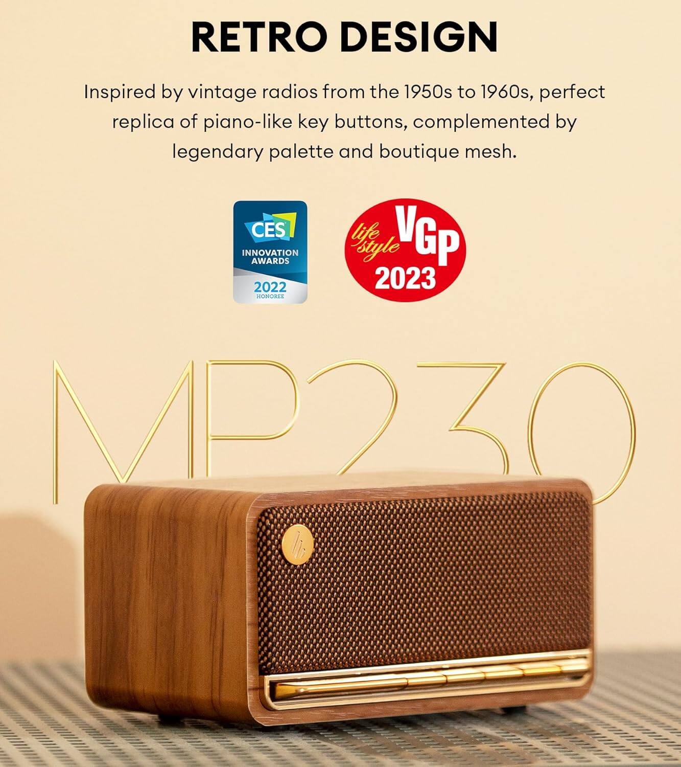 Retro Design: Inspired by vintage radios from the 1950s to 1960s, the MP230 features a perfect replica of piano-like key buttons, complemented by a legendary palette and boutique mesh. The CES life VGP Innovation Awards style 2022 2023 BONOREE MP230 is a must-have for any music lover.