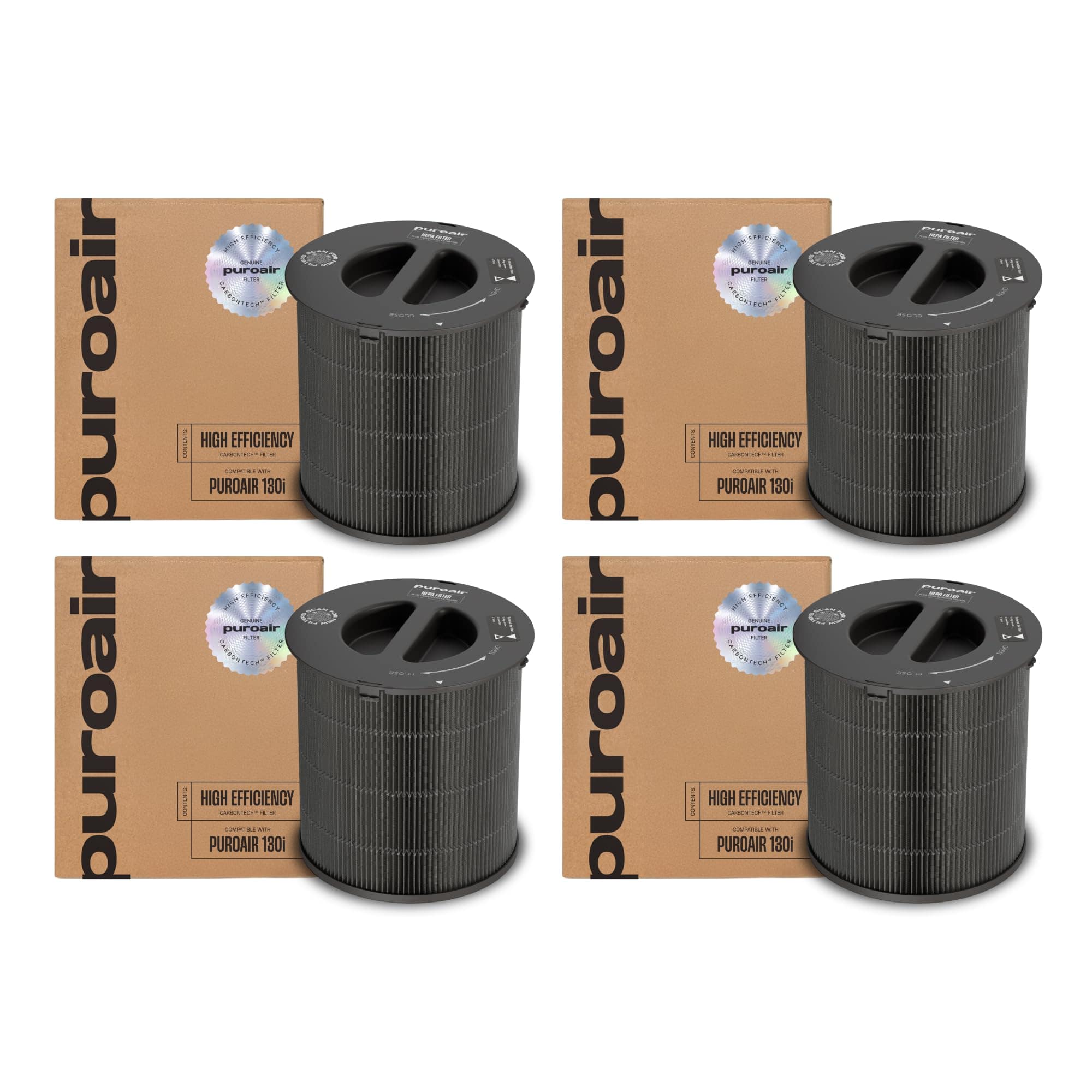 PuroAir - 130i HEPA Filter 4-Pack with CarbonTech 3-Layer Defense – Filters 99.9% Pollen, Dust, Dander, Smoke & Odors - Black