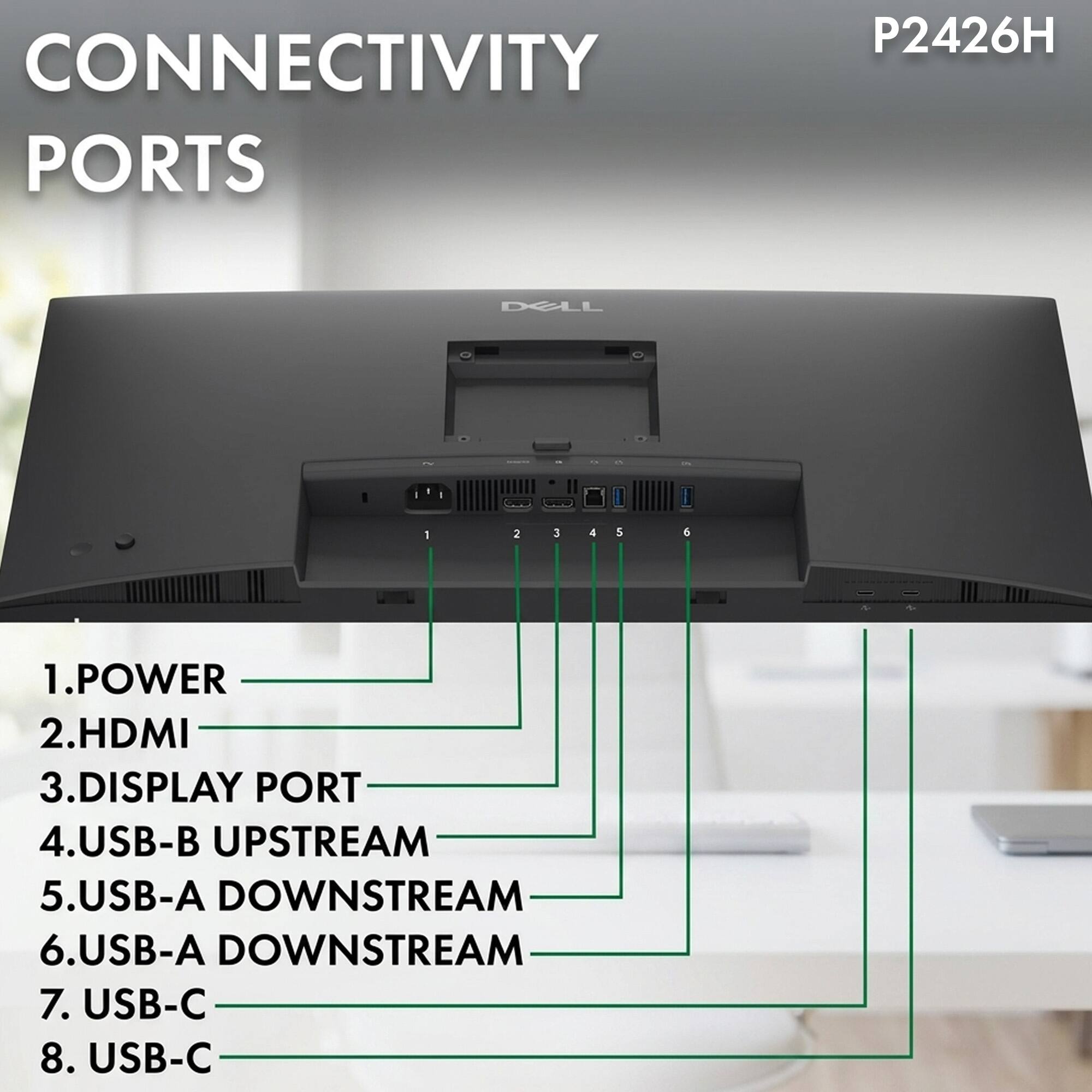 CONNECTIVITY PORTS  
P2426H  
DELL  
1. POWER  
2. HDMI  
3. DISPLAY PORT  
4. USB-B UPSTREAM  
5. USB-A DOWNSTREAM  
6. USB-A DOWNSTREAM  
7. USB-C  
8. USB-C
