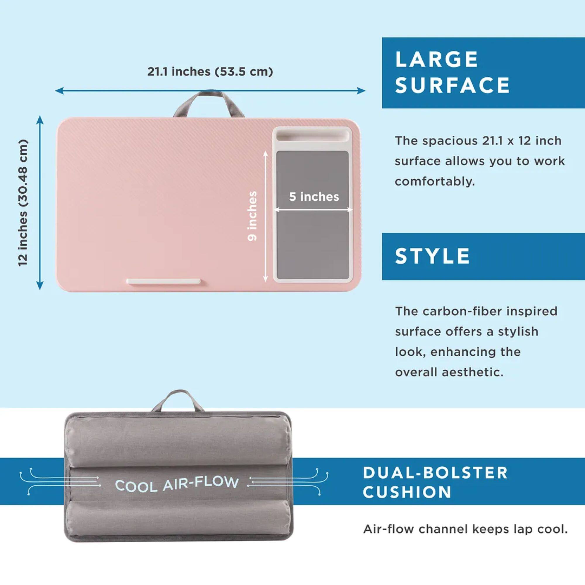 The image features a laptop bag with a spacious 21.1 x 12 inch surface, which allows for comfortable work. The laptop bag also has a stylish carbon-fiber inspired surface that enhances the overall aesthetic. Additionally, the bag has a cool air-flow dual-bolster cushion that keeps the lap cool.