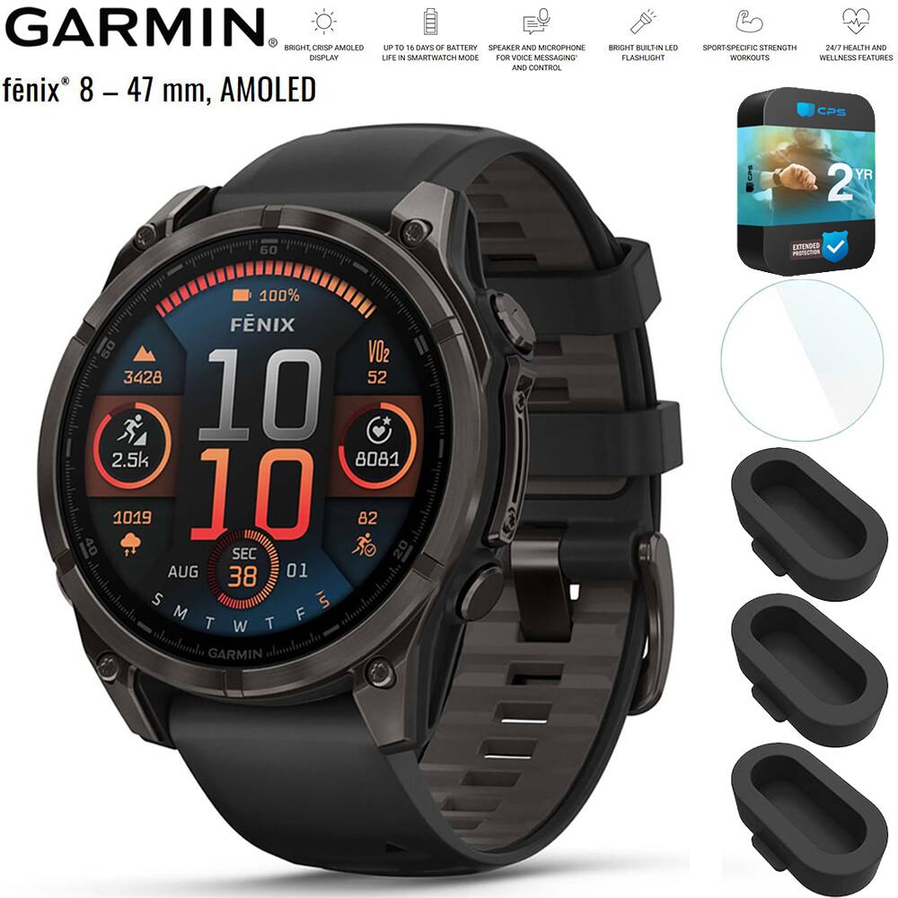 GARMIN fenix 8 - 47 mm, AMOLED DISPLAY

- UP TO 16 DAYS OF BATTERY LIFE IN SMARTWATCH MODE
- SPEAKER AND MICROPHONE FOR VOICE MESSAGING AND CONTROL
- BRIGHT BUILT-IN LED FLASHLIGHT
- SPORT-SPECIFIC STRENGTH WORKOUTS
- 24/7 HEALTH AND WELLNESS FEATURES

CPS 2 YR EXTENDED WARRANTY

100% FENIX 50

VO2 3428 52

2.5k 8081 1019 82

40 SEC 20 AUG 38 01

S M T W T F S