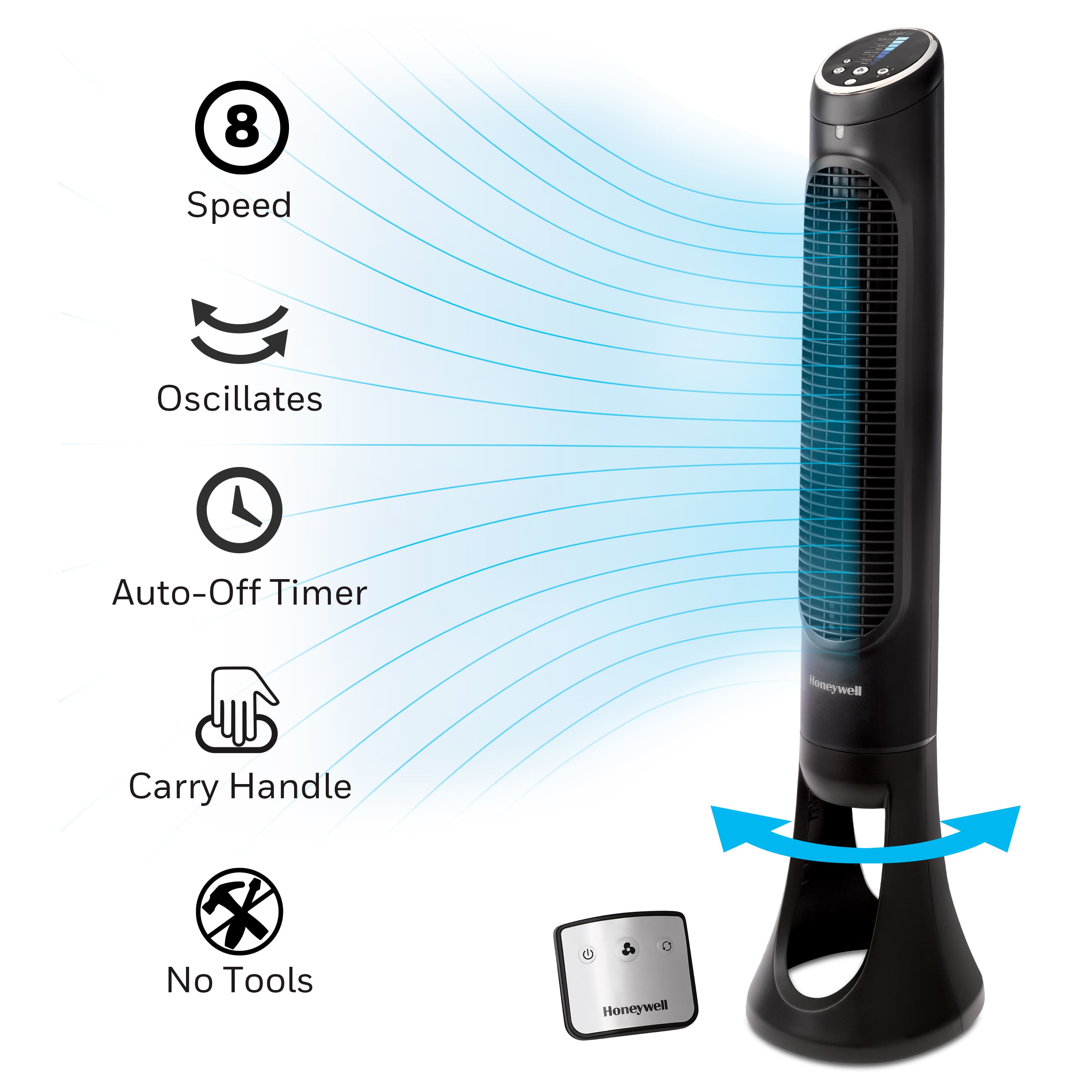 The image features a Honeywell fan with a blue light on top. It has eight speeds and oscillates, and it also has an auto-off timer. The fan is designed to be carried easily with a handle, and it requires no tools for assembly.