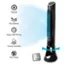 The image features a Honeywell fan with a blue light on top. It has eight speeds and oscillates, and it also has an auto-off timer. The fan is designed to be carried easily with a handle, and it requires no tools for assembly.