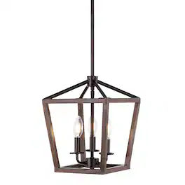 Jonathan Y - Oria 10" 3-Light Iron Farmhouse Industrial Lantern LED Pendant, Oil Rubbed Bronze/Faux Wood - Oil-Rubbed Bronze