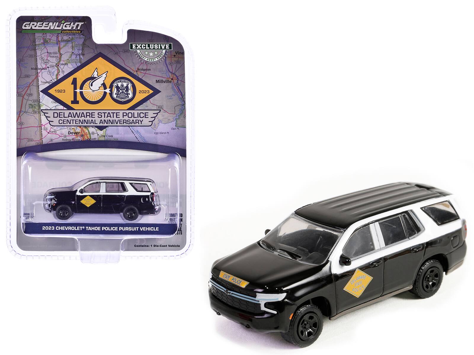 GREENLIGHT collectibles

EXCLUSIVE
100th Anniversary
1923 - 2023
DELAWARE STATE POLICE
CENTENNIAL ANNIVERSARY

2023 CHEVROLET® TAHOE POLICE PURSUIT VEHICLE
Contains: 1 Die-Cast Vehicle

STATE POLICE