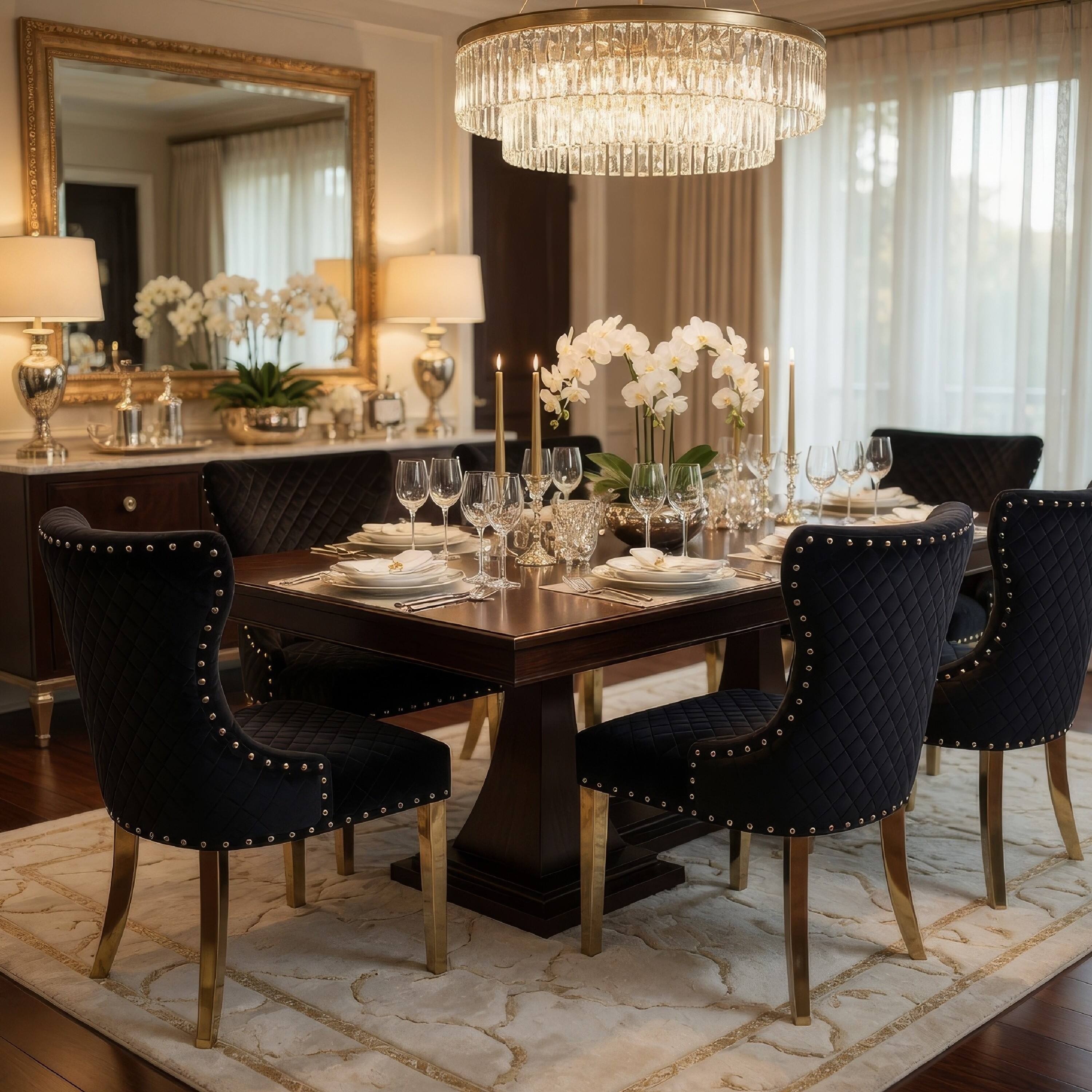 Alt View 5. Manhattan Lane - Anova Dining Side Chair Set of 2, Diamond Pattern Black Seat, Gold Leg - Black, Gold.