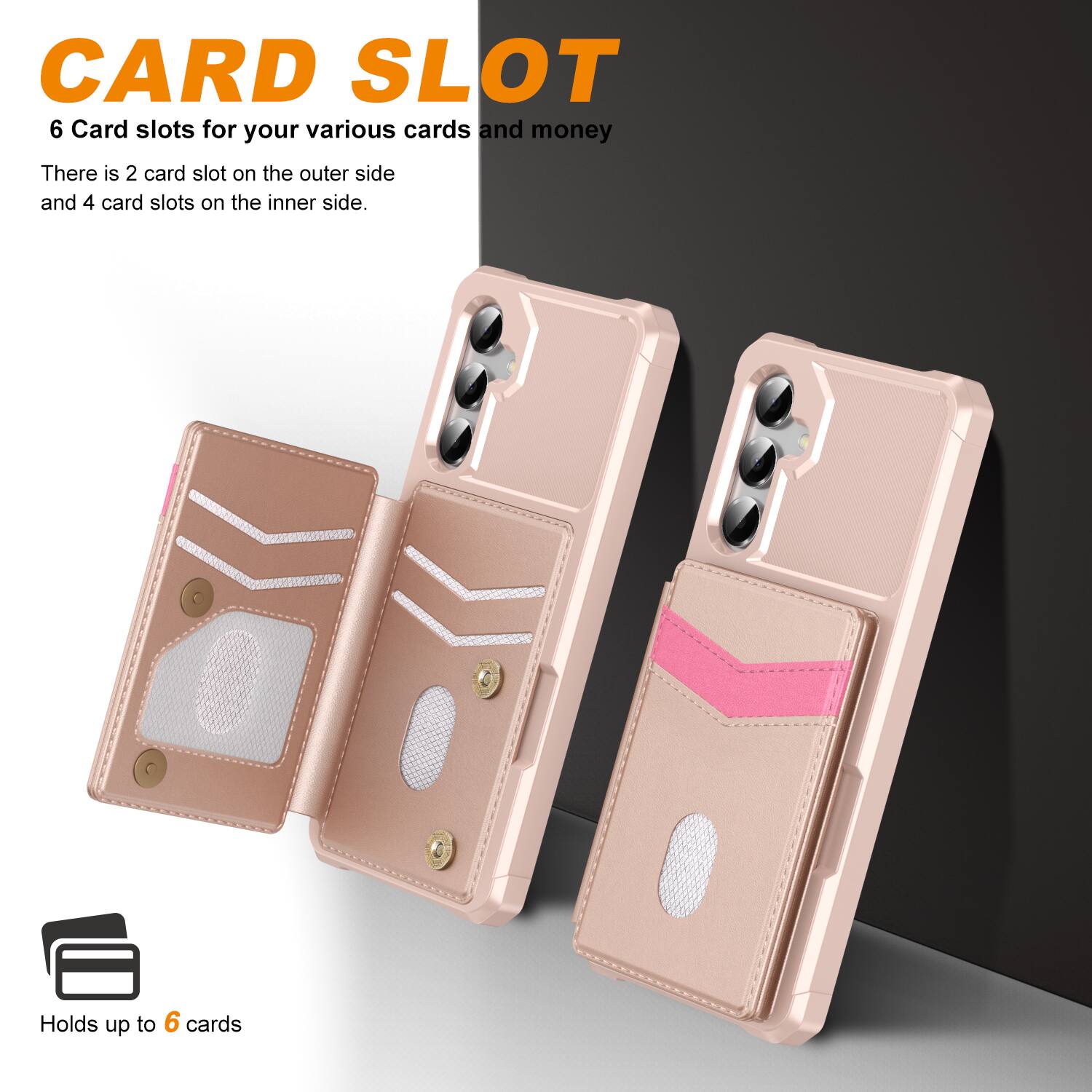 CARD SLOT

6 Card slots for your various cards and money

There is 2 card slot on the outer side and 4 card slots on the inner side.

Holds up to 6 cards