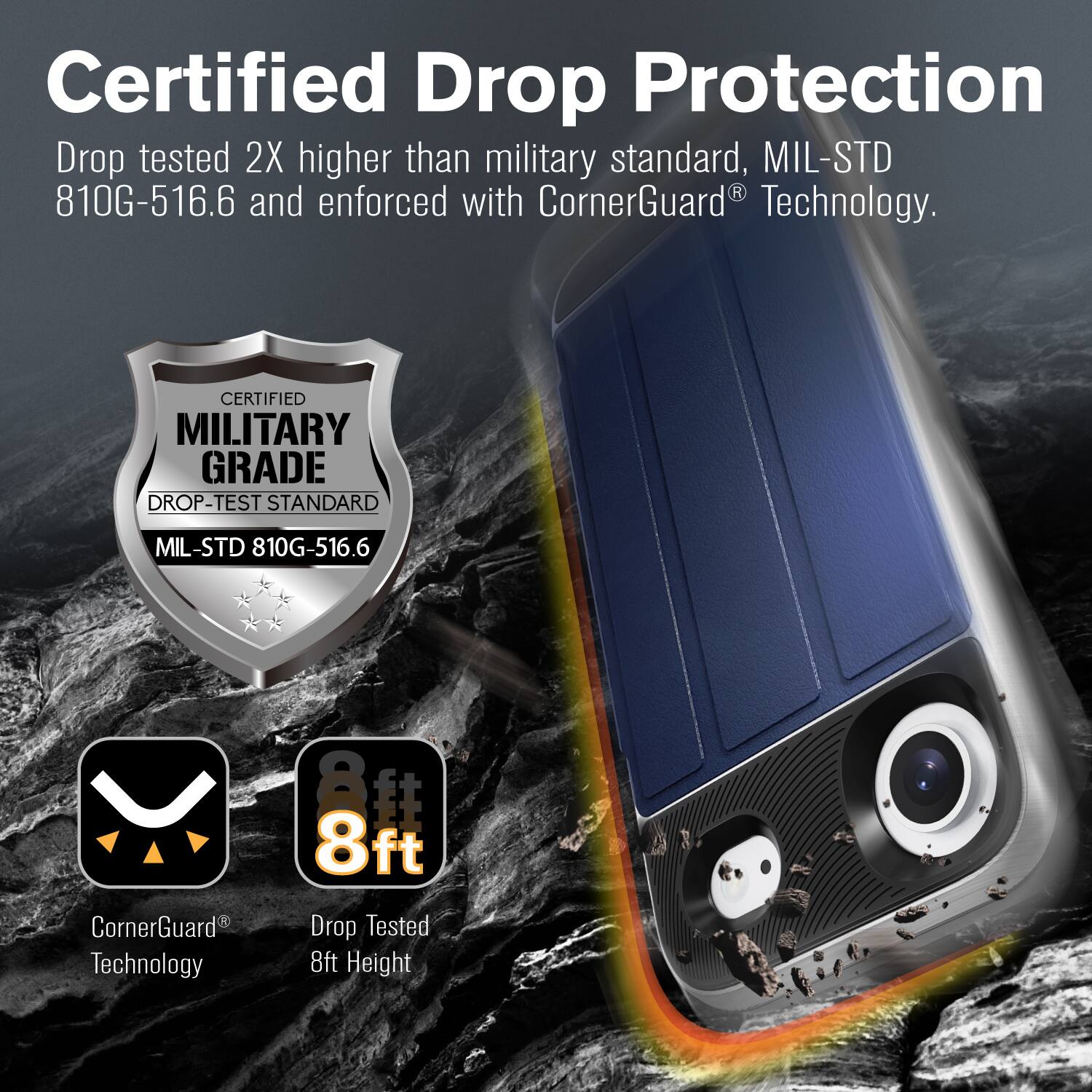 Certified Drop Protection

Drop tested 2X higher than military standard, MIL-STD 810G-516.6 and enforced with CornerGuard® Technology.

Certified Military Grade Drop-Test Standard MIL-STD 810G-516.6

CornerGuard® Technology

Drop Tested 8ft Height