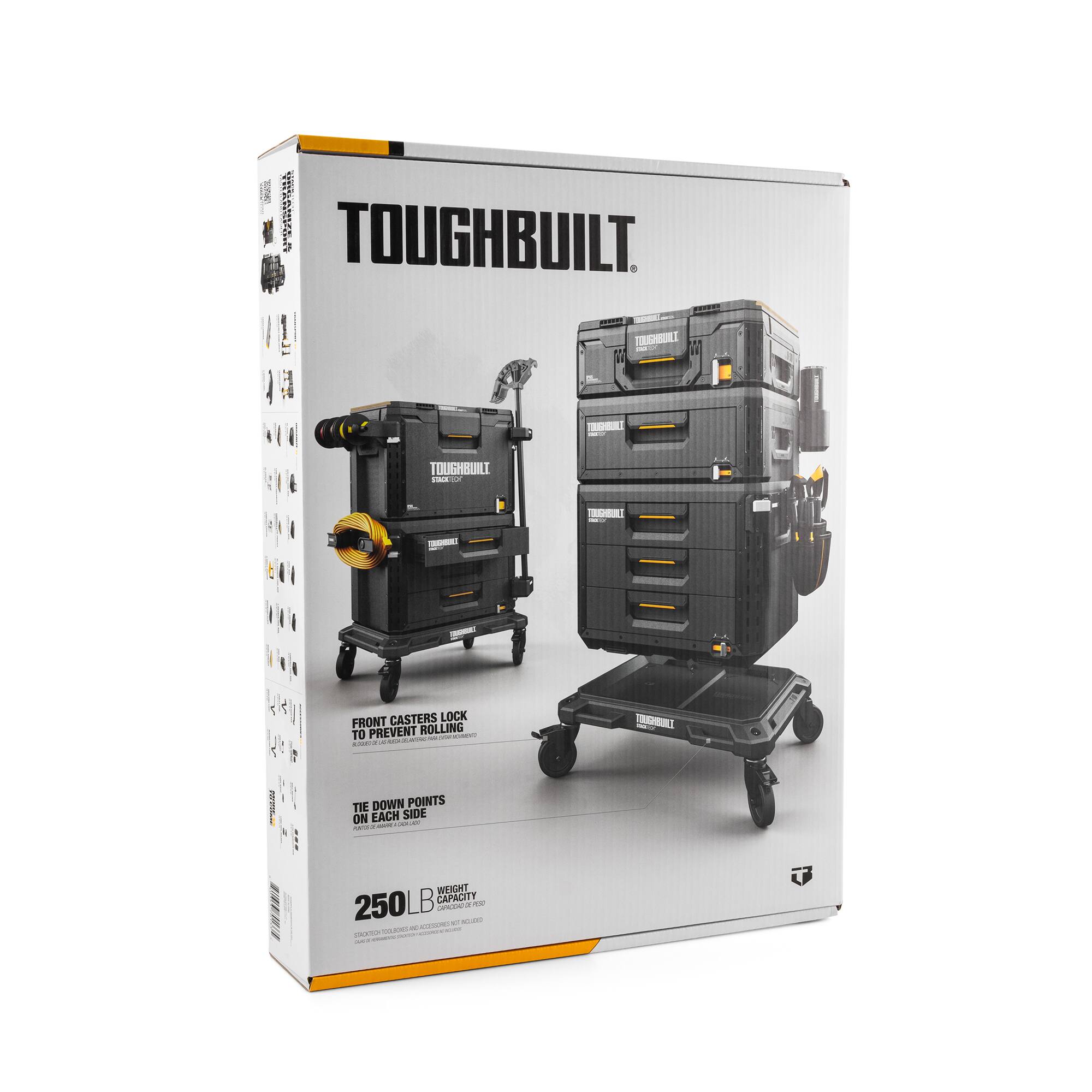 TOUGHBUILT

FRONT CASTERS LOCK TO PREVENT ROLLING

TIE DOWN POINTS ON EACH SIDE

WEIGHT CAPACITY - 250LB