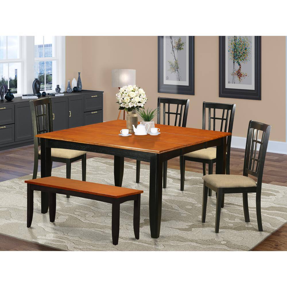 Back. East West Furniture - PFNI6-BCH-C 6 PC Dining room set with bench-Dining Table and 4 Wood Dining Chairs plus a bench - Black & Cherry.