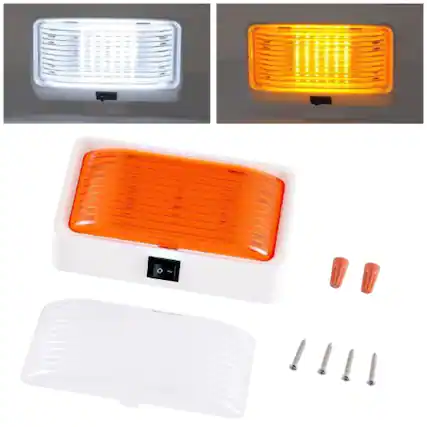 Front. Stock Preferred - 12V RV LED Porch Utility Light with Clear & Amber Lenses, - White Housing with Clear & Amber.