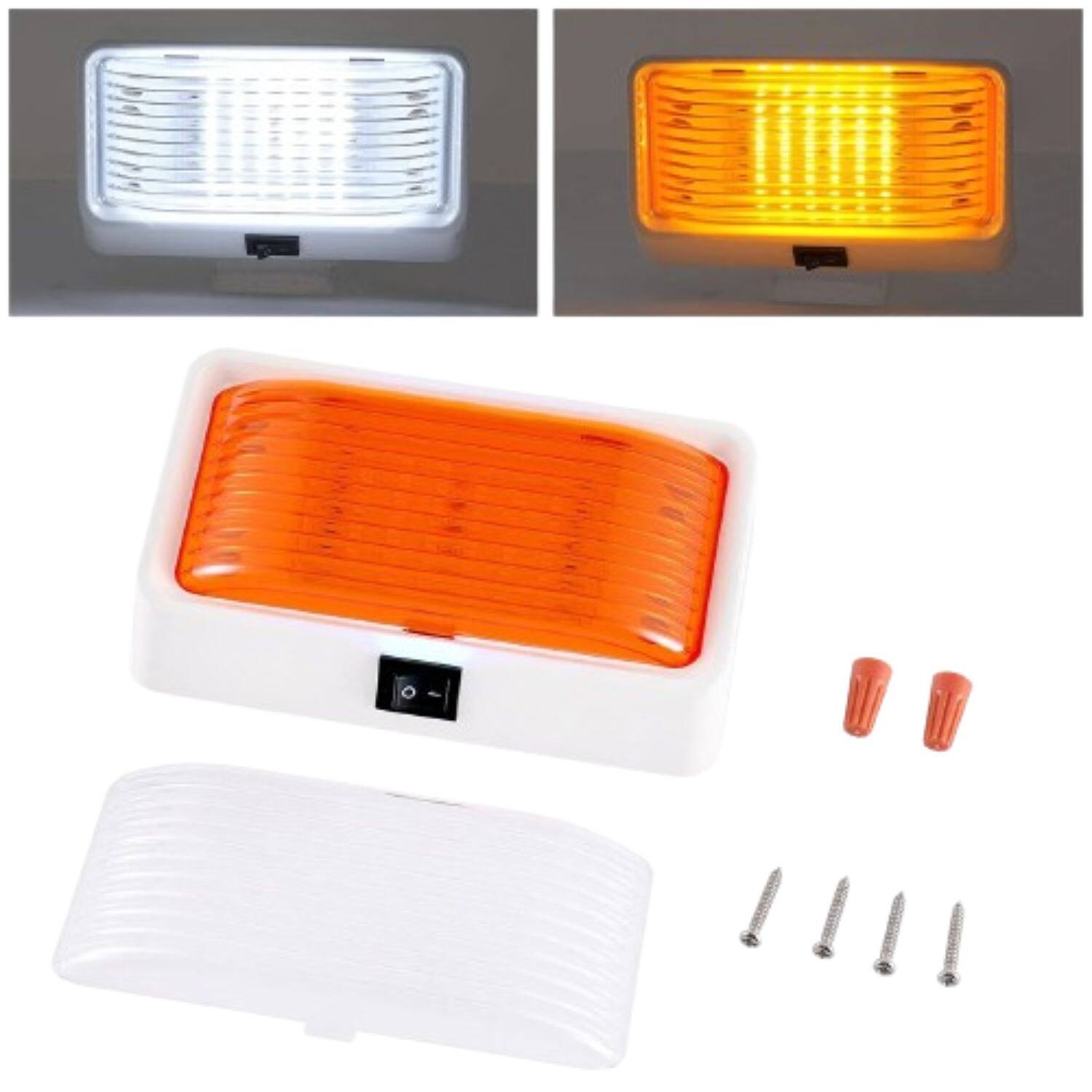 Front. Stock Preferred - 12V RV LED Porch Utility Light with Clear & Amber Lenses, - White Housing with Clear & Amber.