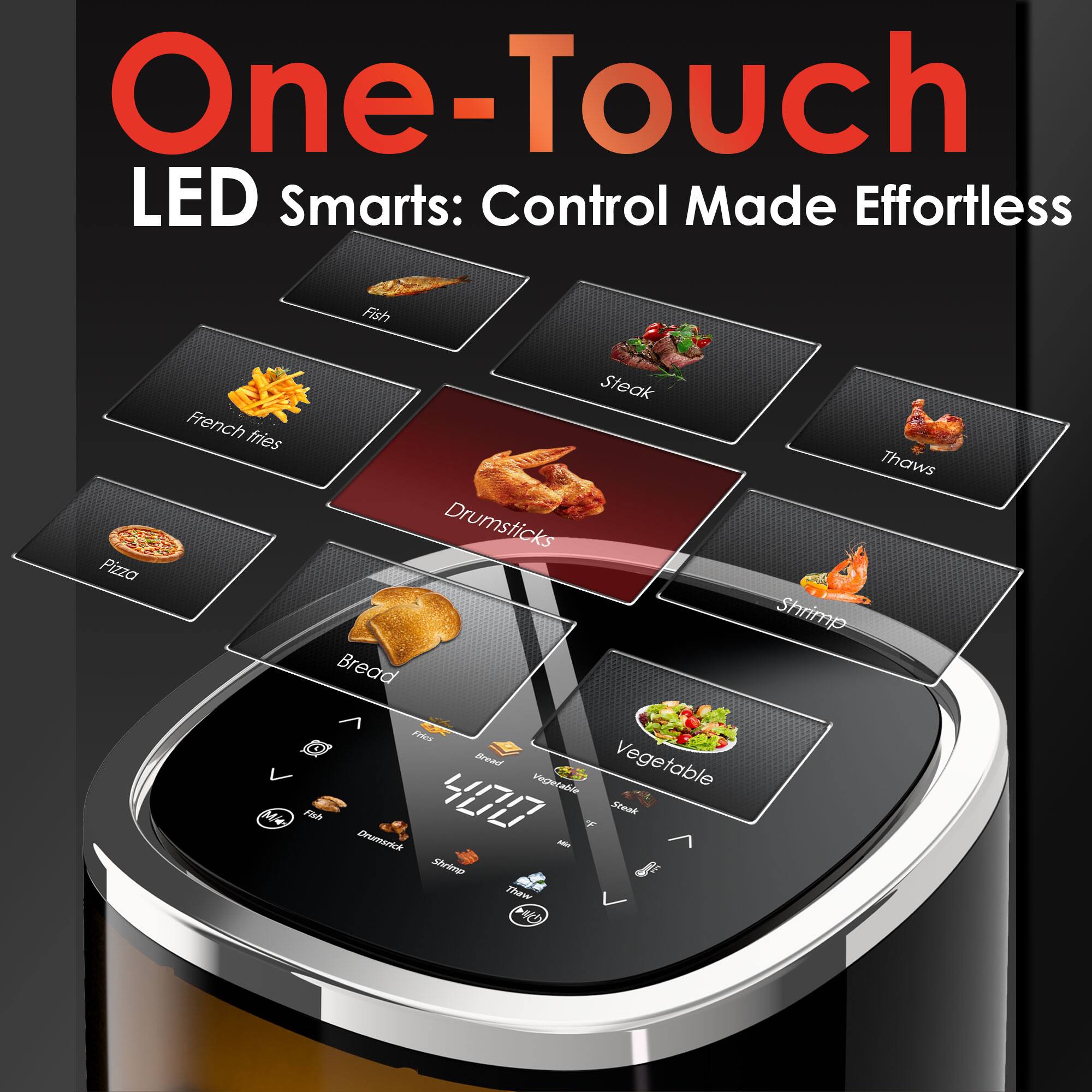 One-Touch LED Smarts: Control Made Effortless

- Pizza
- Steak
- French fries
- Drumsticks
- Shrimp
- Bread
- Vegetable