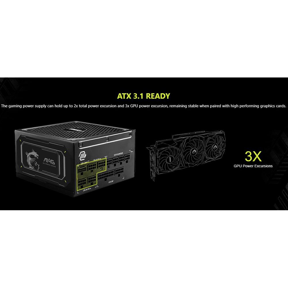 ATX 3.1 READY

The gaming power supply can hold up to 2x total power excursion and 3x GPU power excursion, remaining stable when paired with high performing graphics cards.

3X GPU Power Excursions