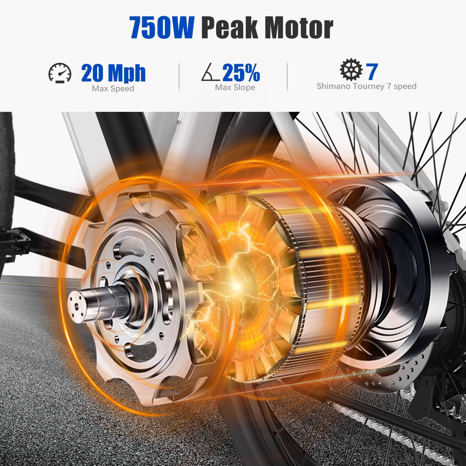 750W Peak Motor  
20 Mph Max Speed  
25% Max Slope  
Shimano Tourney 7 speed