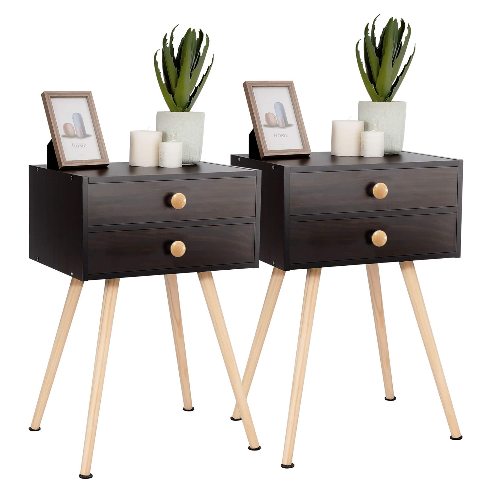 Costway - 2 PCS Mid Century Modern 2 Drawers Nightstand Sofa Side Table End Table - Espresso